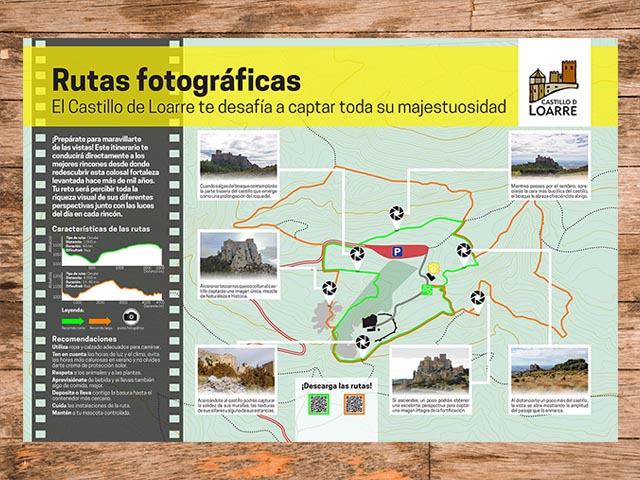Cartel informativo de la ruta fotográfica del castillo de Loarre en Huesca, Aragón